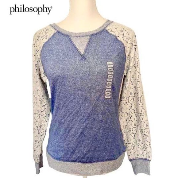 NWT PHILOSOPHY Women S French Terry Blue Heather Lace Pullover Sweatshirt TOP - Picture 1 of 8